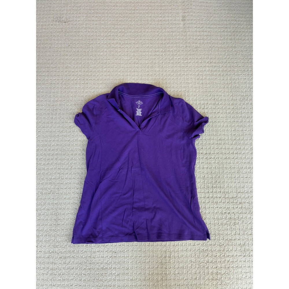 St. Johns Bay Womens Purple Short Sleeve V-Neck Polo Shirt Petite Large PL
